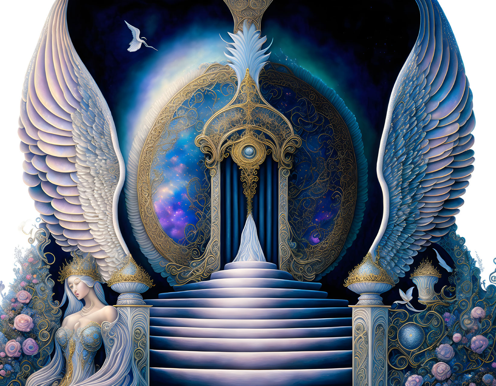 Winged woman near cosmic gateway with floral patterns and dove.