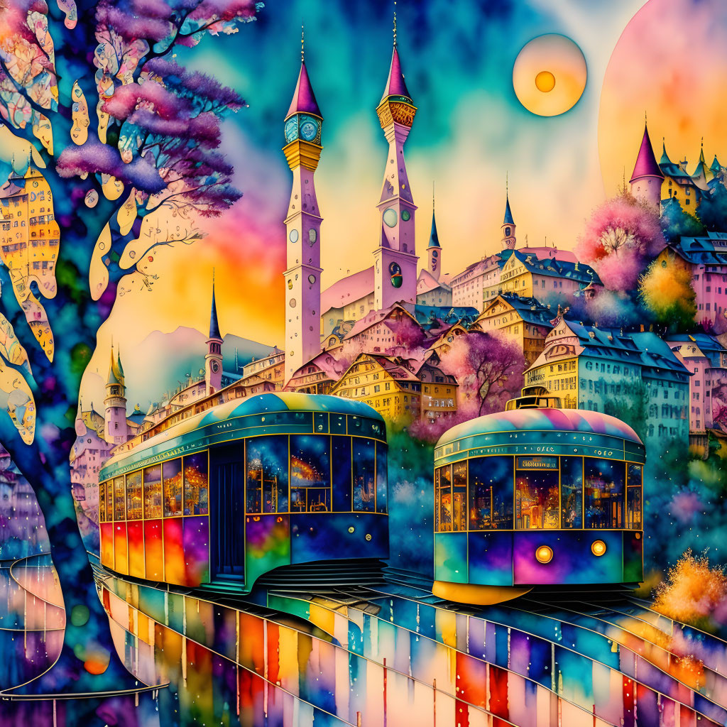 Colorful cityscape illustration with trams crossing bridge and fantastical architecture.