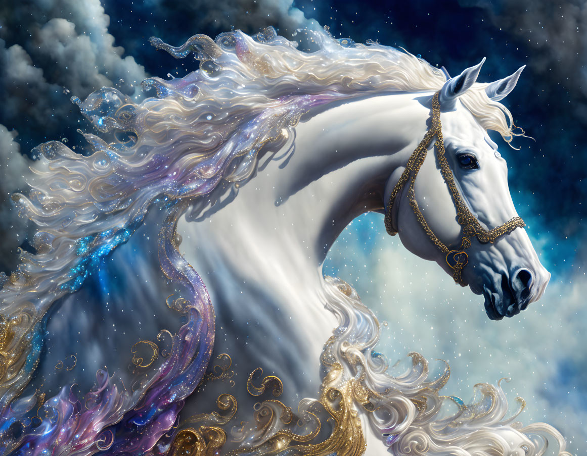 White Horse with Cosmic Mane on Celestial Background