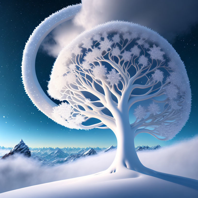 Snowy landscape with white tree, starry sky, crescent moon, and mountains.