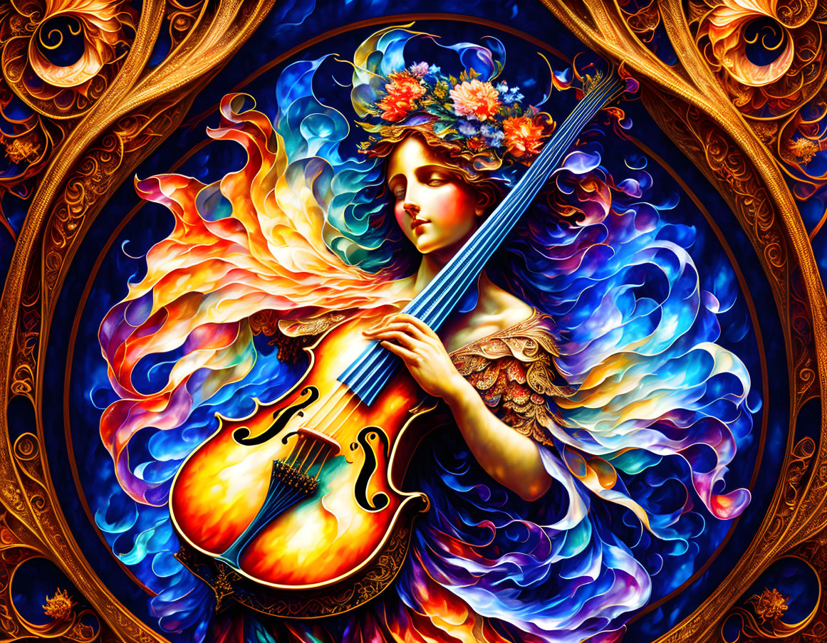 Colorful artwork of woman with floral crown and cello in fiery swirls.