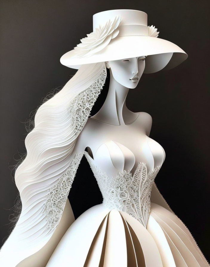 Monochromatic image of a statuesque figure in wide-brimmed hat and textured gown.