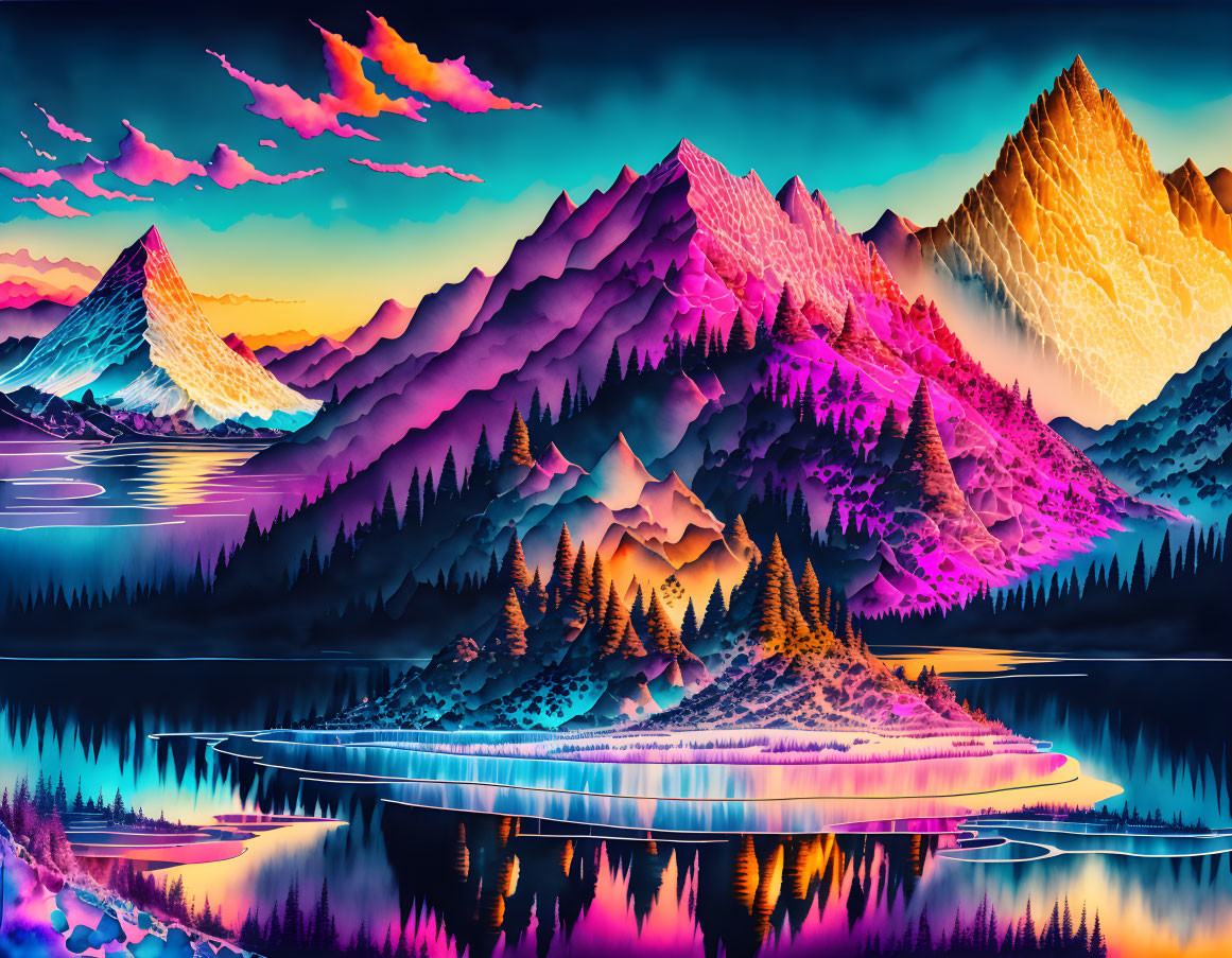 Neon-lit mountain landscape with colorful sunset sky