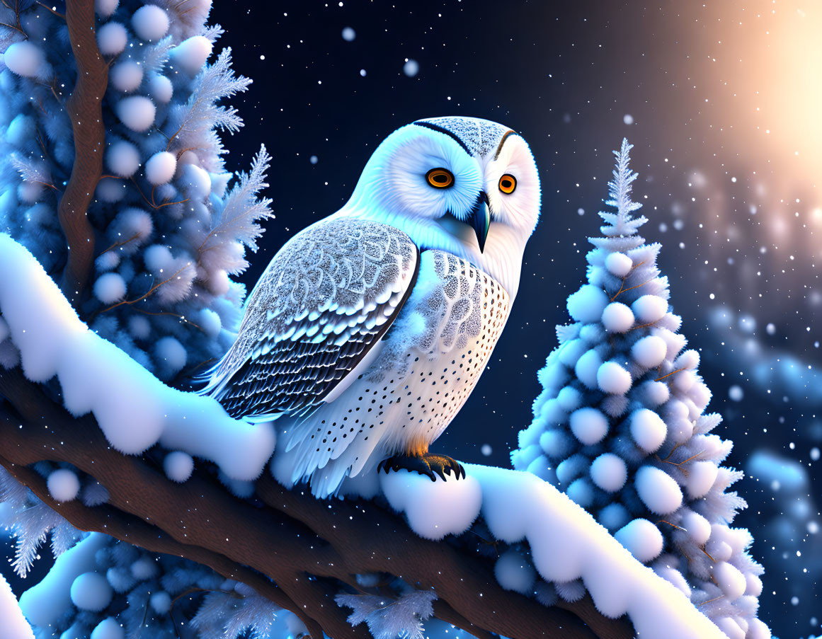 Snow owl perched on snowy branch under starry night sky