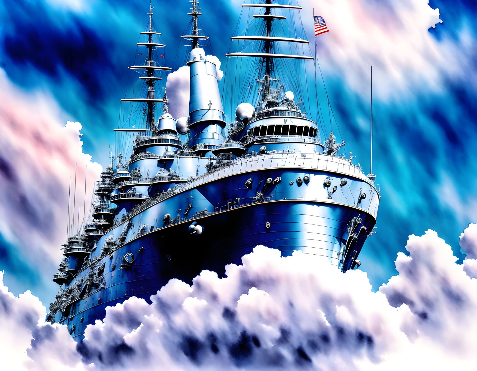 Military battleship with multiple gun turrets sailing in cloudy blue sky