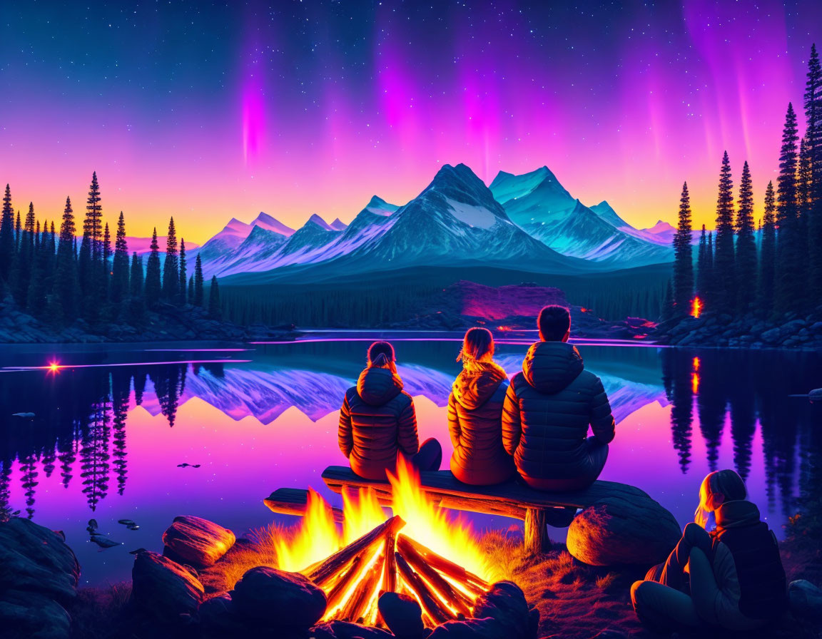 Campfire scene: Three people under starry sky with aurora borealis and mountain reflection.