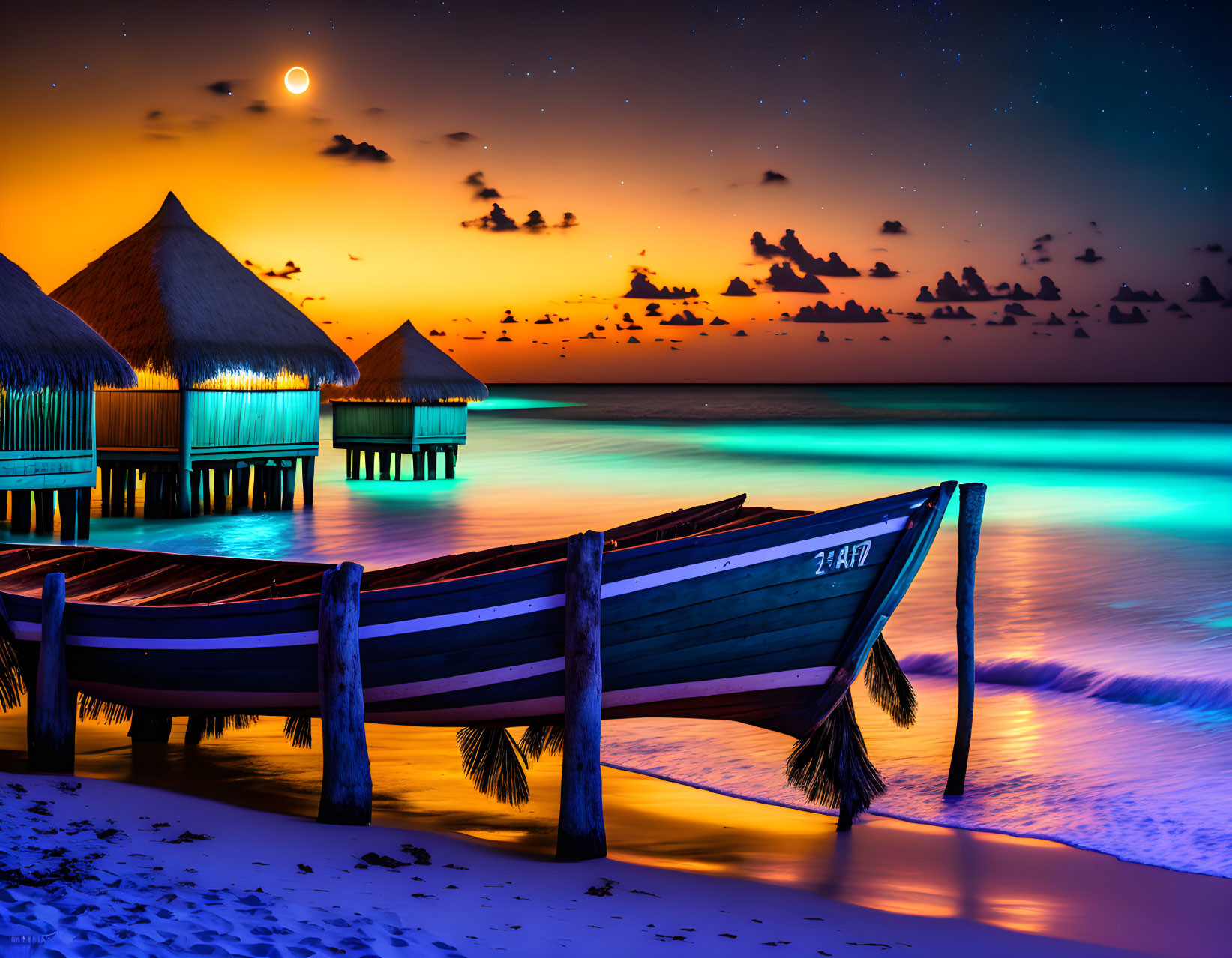 Wooden Boat on Sandy Beach with Overwater Bungalows and Full Moon