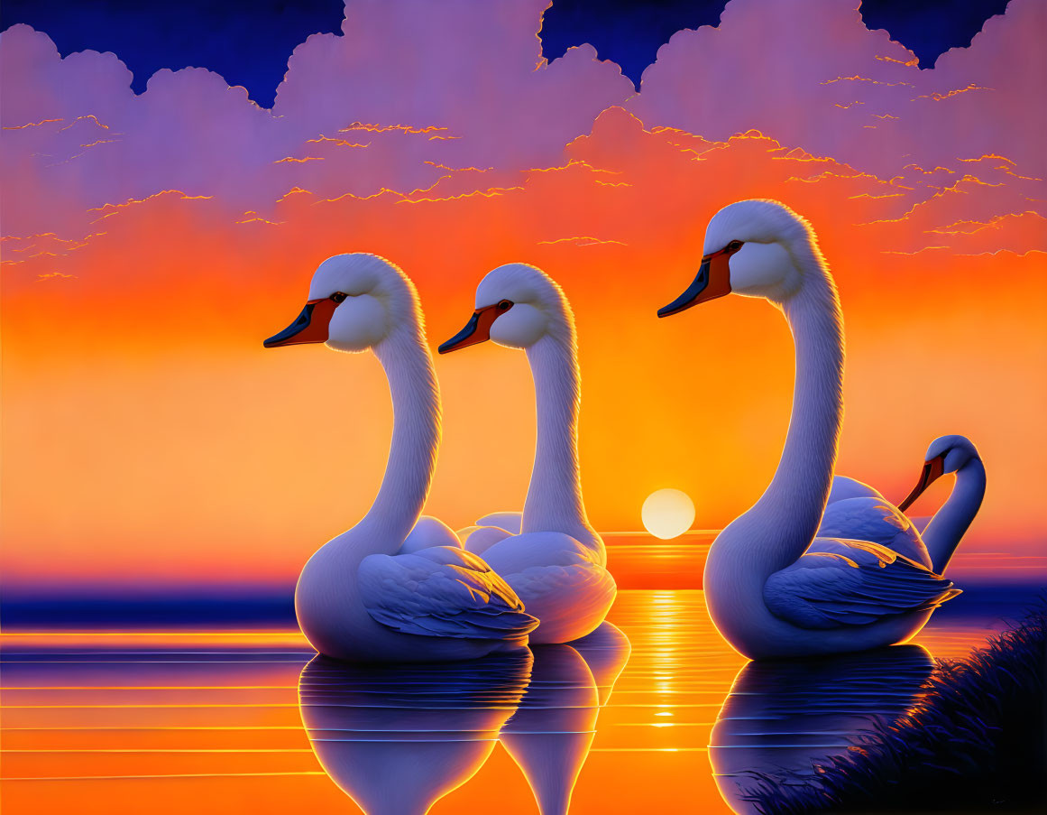 Swans on calm lake at sunset with vibrant sky reflection