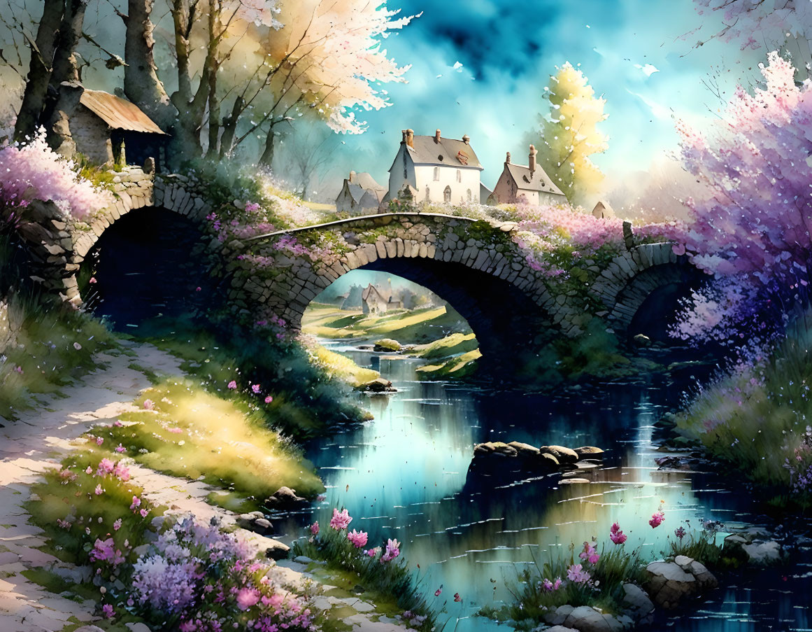 Stone bridge over tranquil river with blooming trees and traditional houses in serene landscape