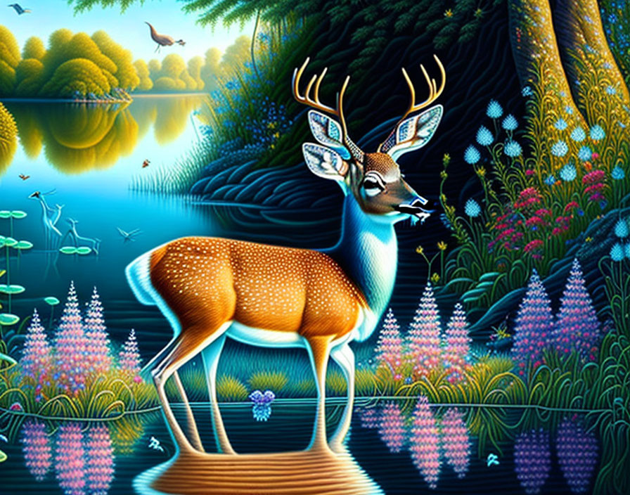 Colorful Digital Artwork: Deer by Blue Lake with Fish and Bird