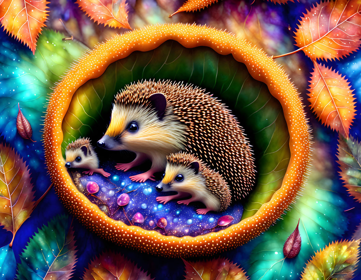 Vibrant autumn scene with mother hedgehog and babies in fantasy log