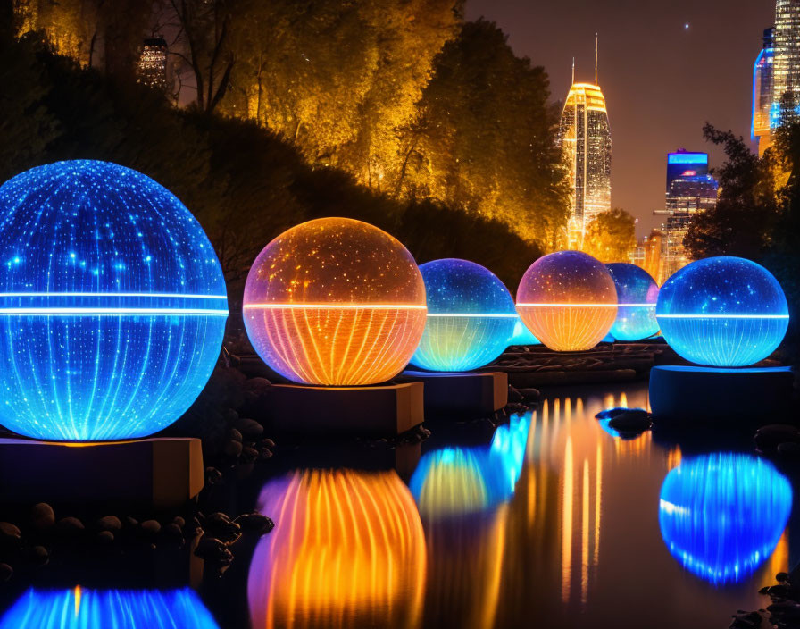 Nighttime city skyline with illuminated orbs reflected on water