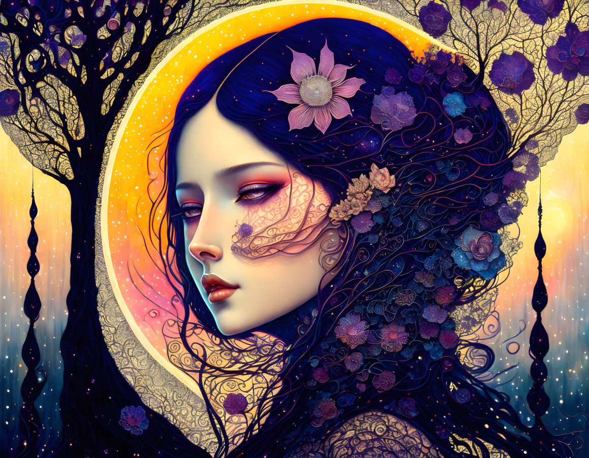 Woman with floral-patterned hair in surreal night sky scene.