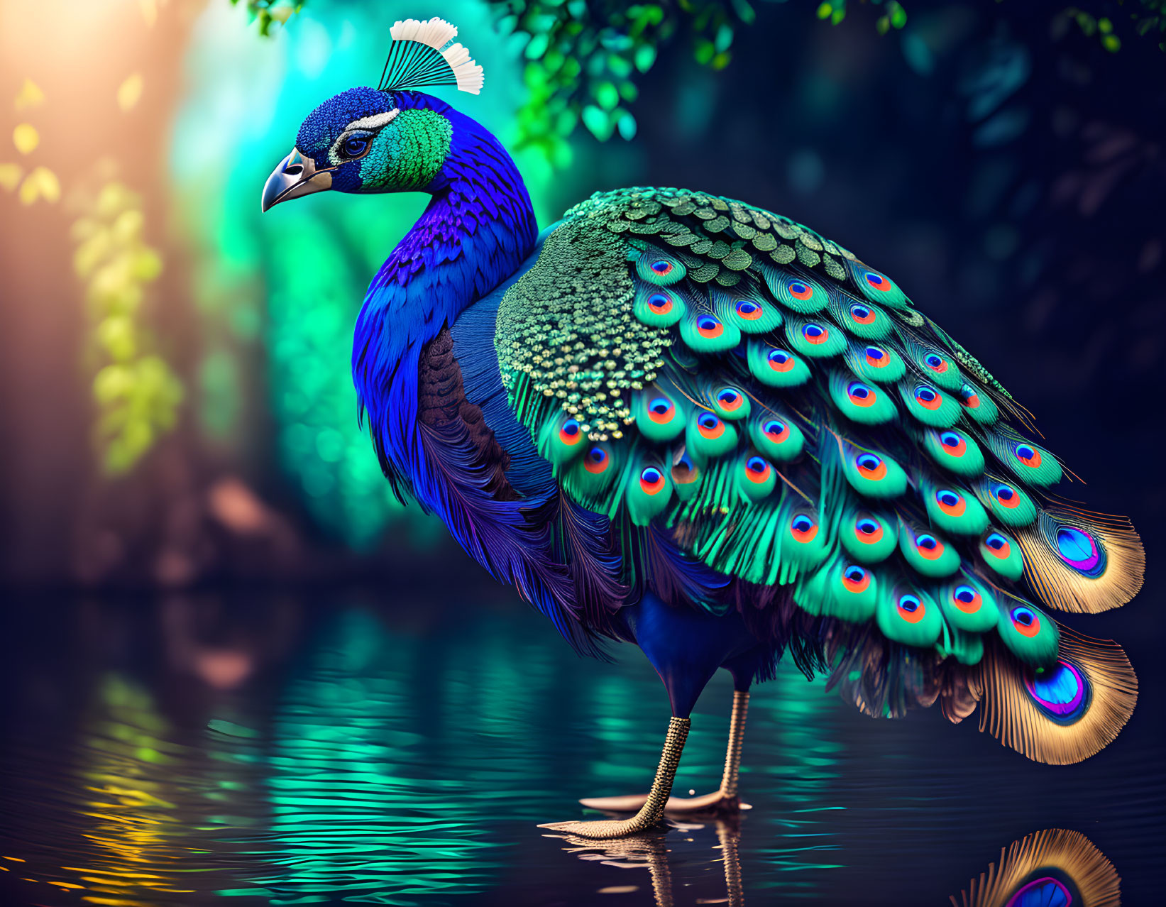 Colorful peacock by tranquil waters in lush green setting