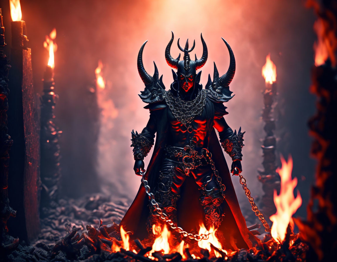 Dark Armored Figure Holding Chains Amid Flames