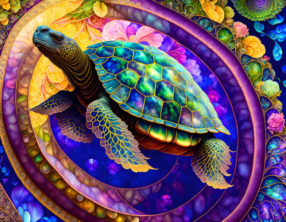 Colorful Turtle with Geometric Shell and Floral Designs