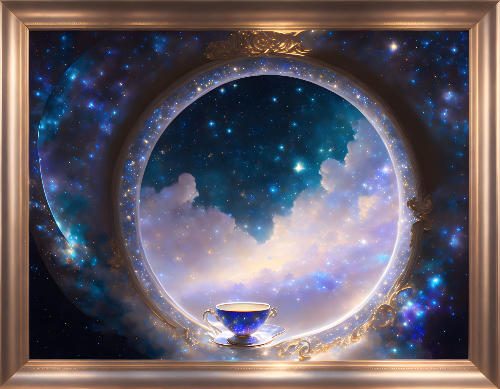 Golden frame with cosmic scene and teacup in surreal image