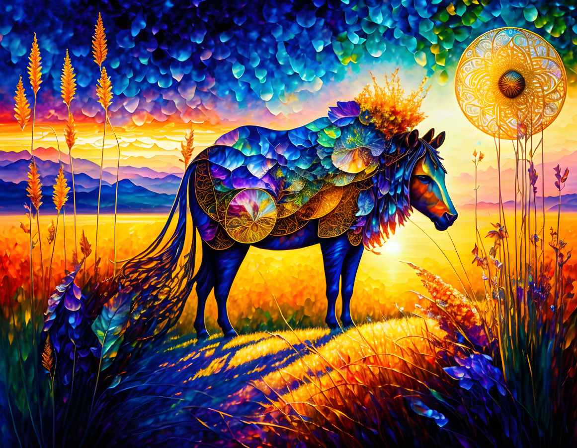 Colorful horse painting with ornate patterns in sunset landscape