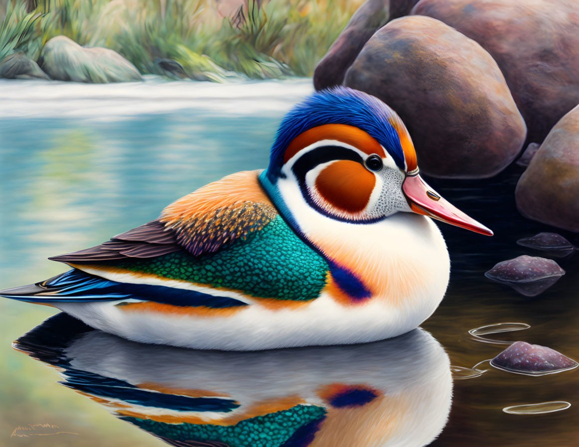 Colorful Mandarin Duck Reflecting in Calm Water