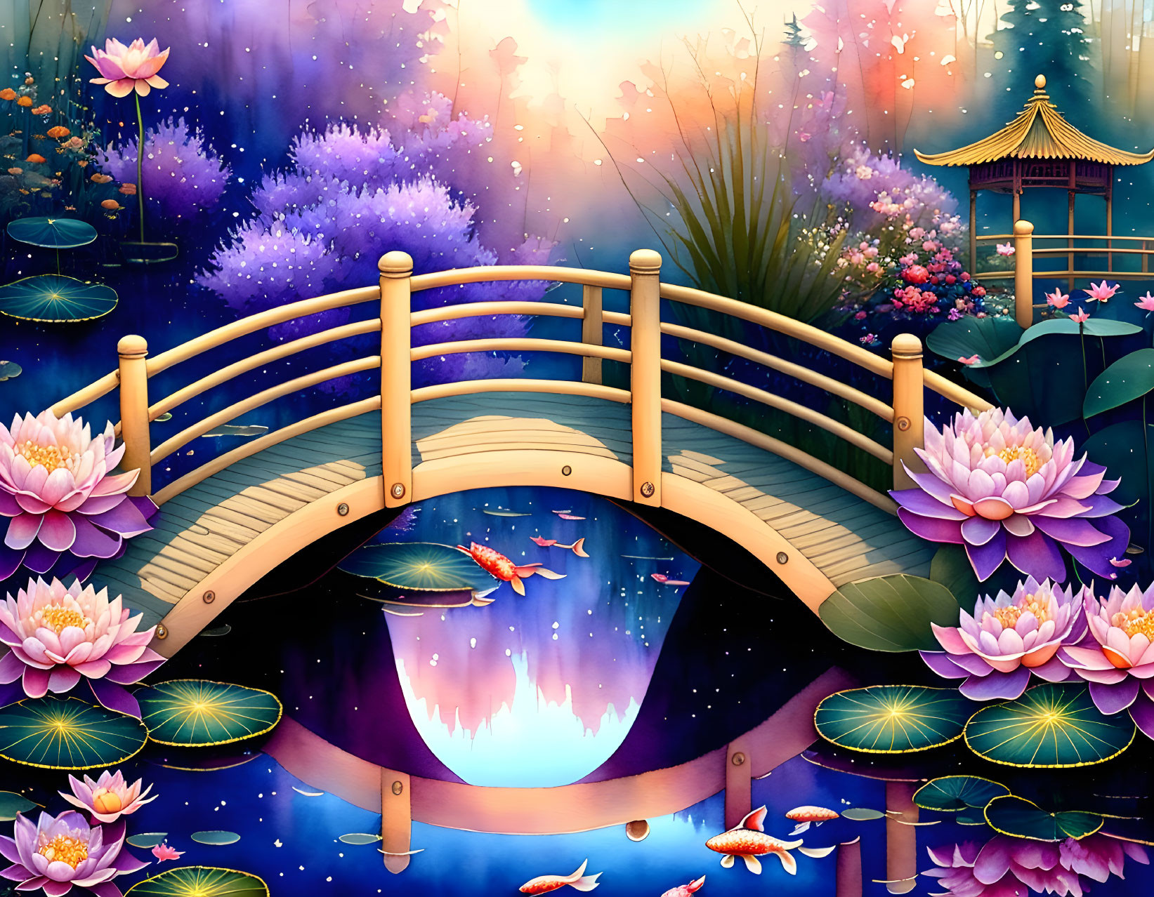 Tranquil pond scene with lotus flowers, wooden bridge, flora, and gazebo.