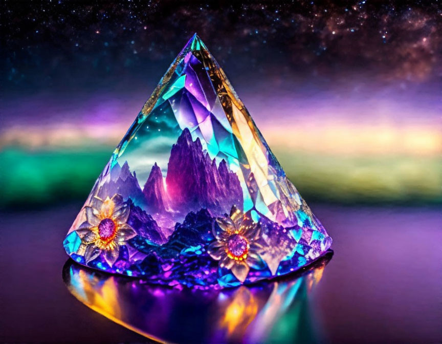 Iridescent Crystal Gem Against Cosmic Backdrop