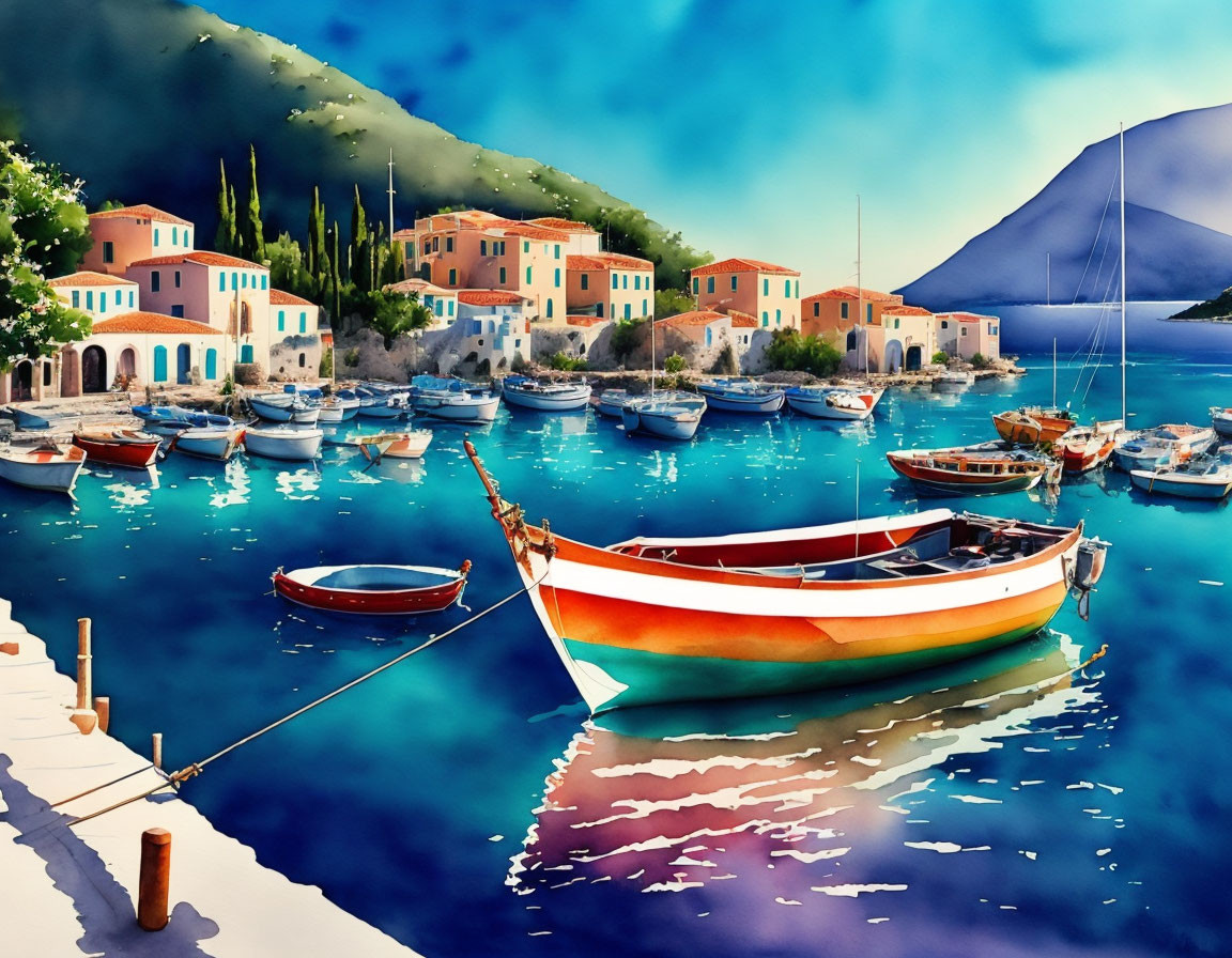 Serene harbor scene with moored boats and colorful buildings