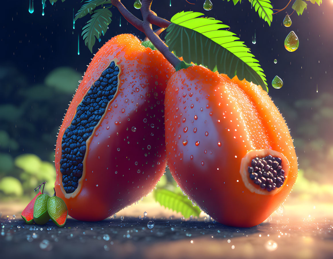 Ripe Papaya Fruits, Sliced with Black Seeds, Green Fruits, Water Droplets