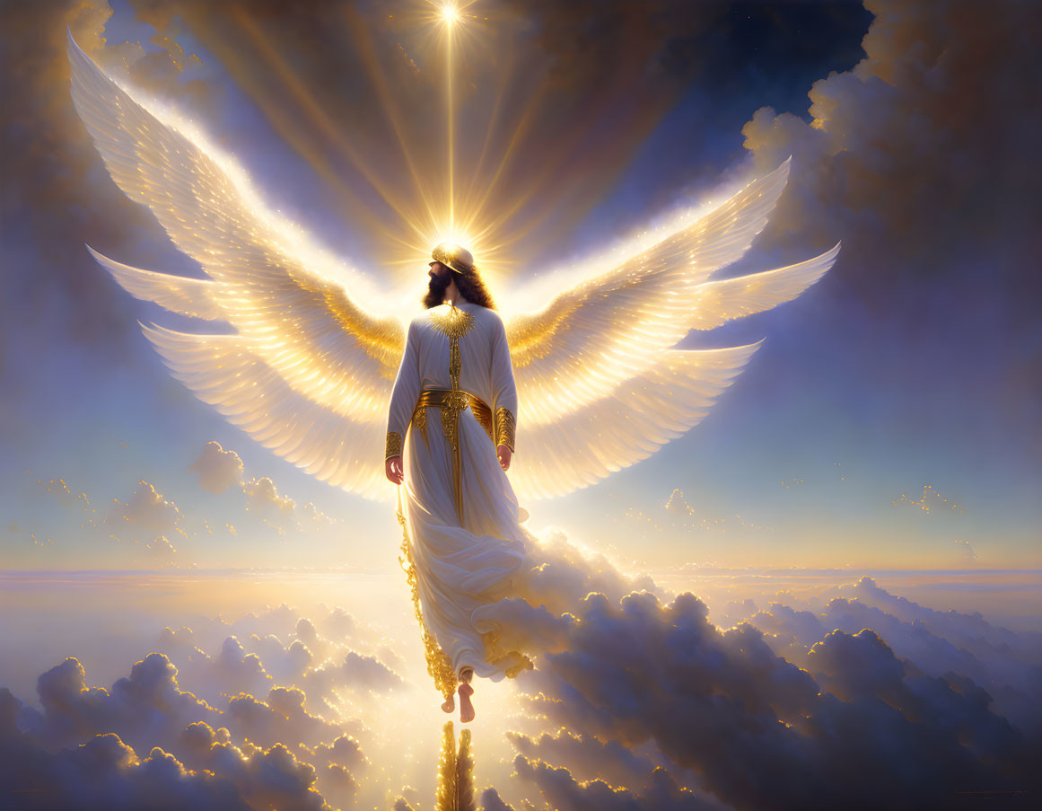 Radiant angelic figure with wings above clouds and halo beams