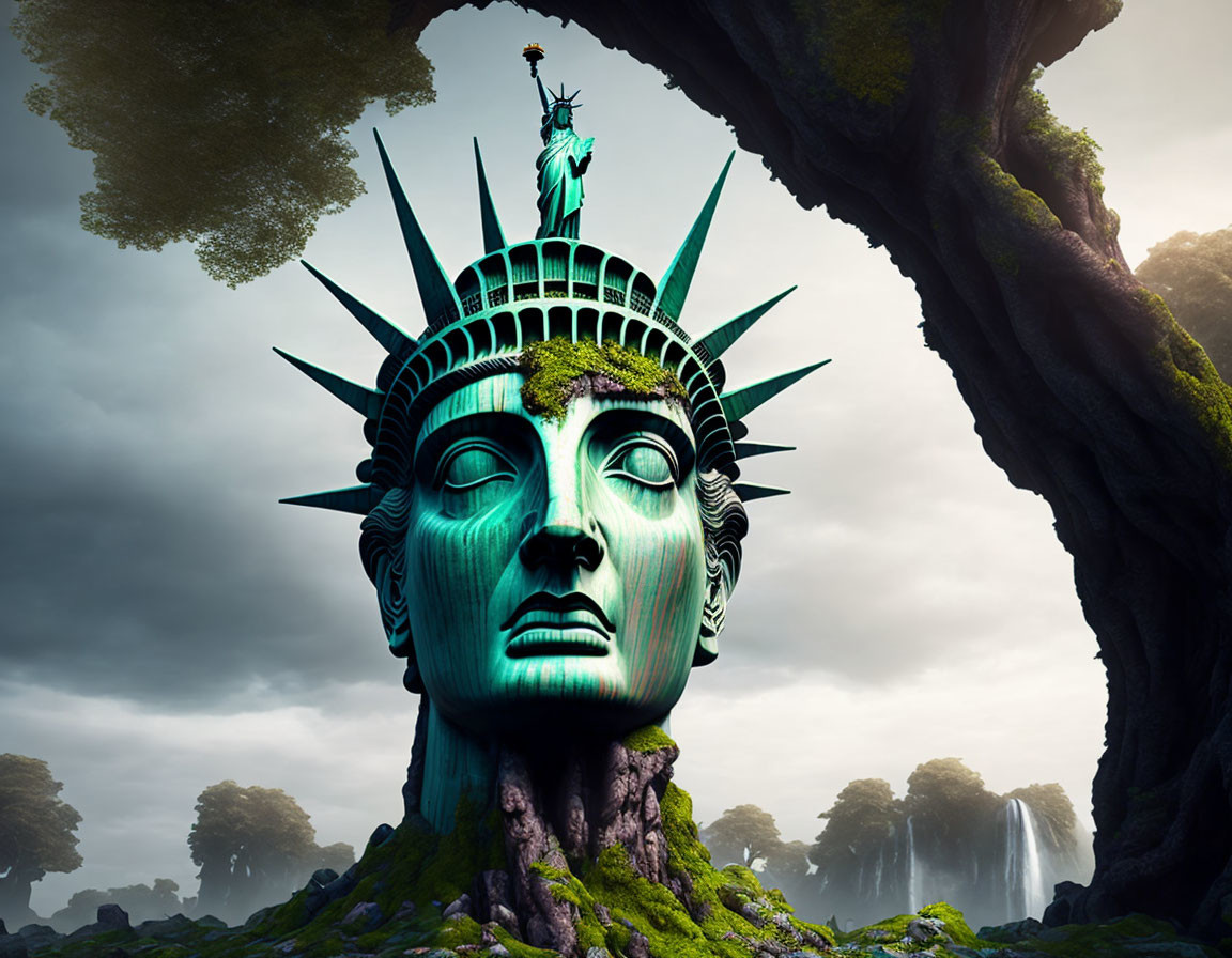 Surreal artwork: Statue of Liberty's head fused with foliage in mystical landscape