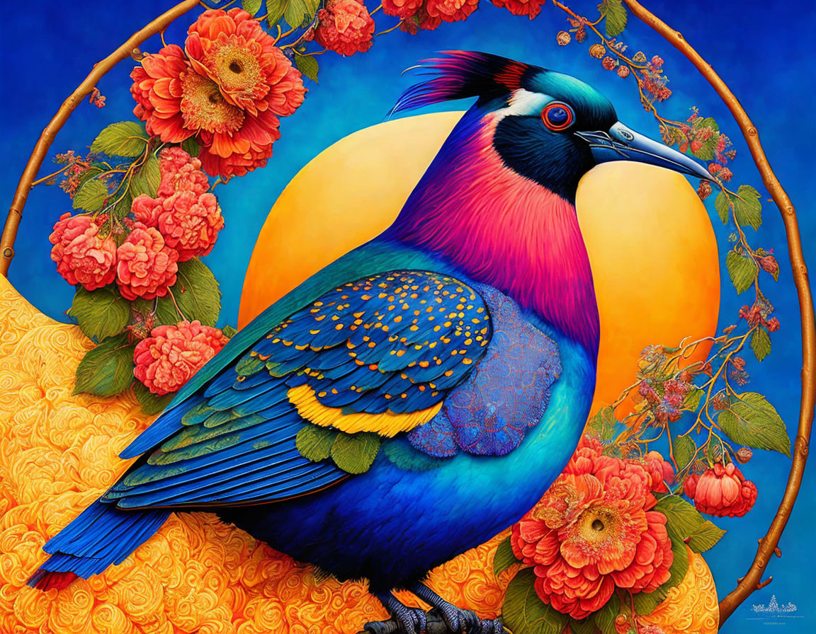 Colorful bird painting with floral and fruit motifs on detailed blue and orange background