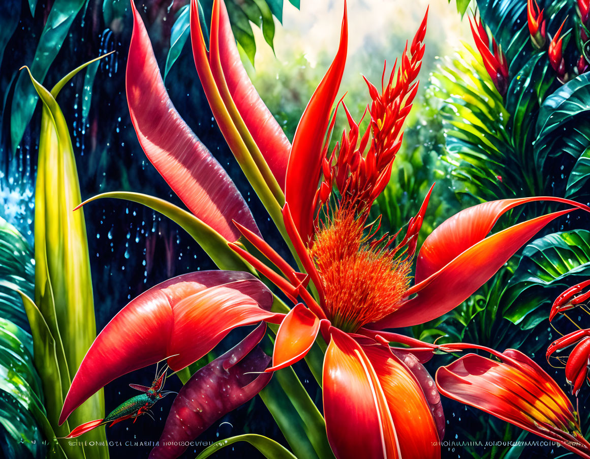 Colorful tropical heliconia flower with green frog on leaf in vibrant scene