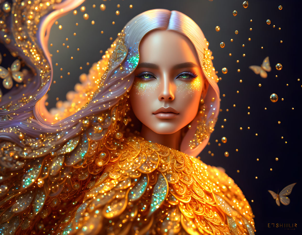 Digital art portrait of woman with glowing skin, white hair, and ornate golden attire adorned with butterflies