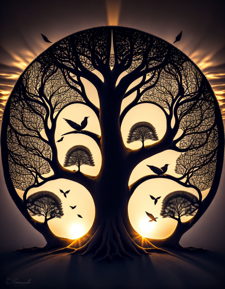 Silhouette of intricate tree branches with birds in flight against twilight background.