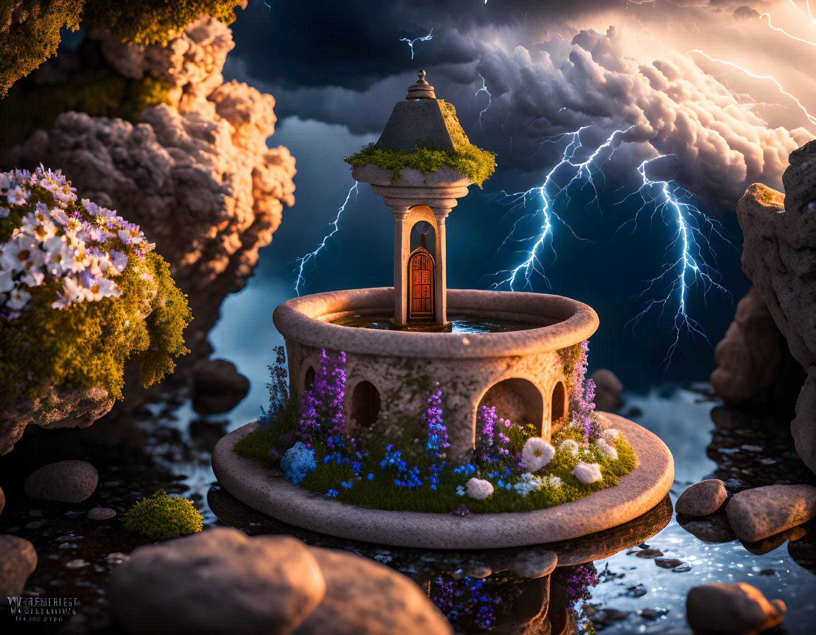 Miniature tower in lush landscape on water under dramatic sky with lightning.