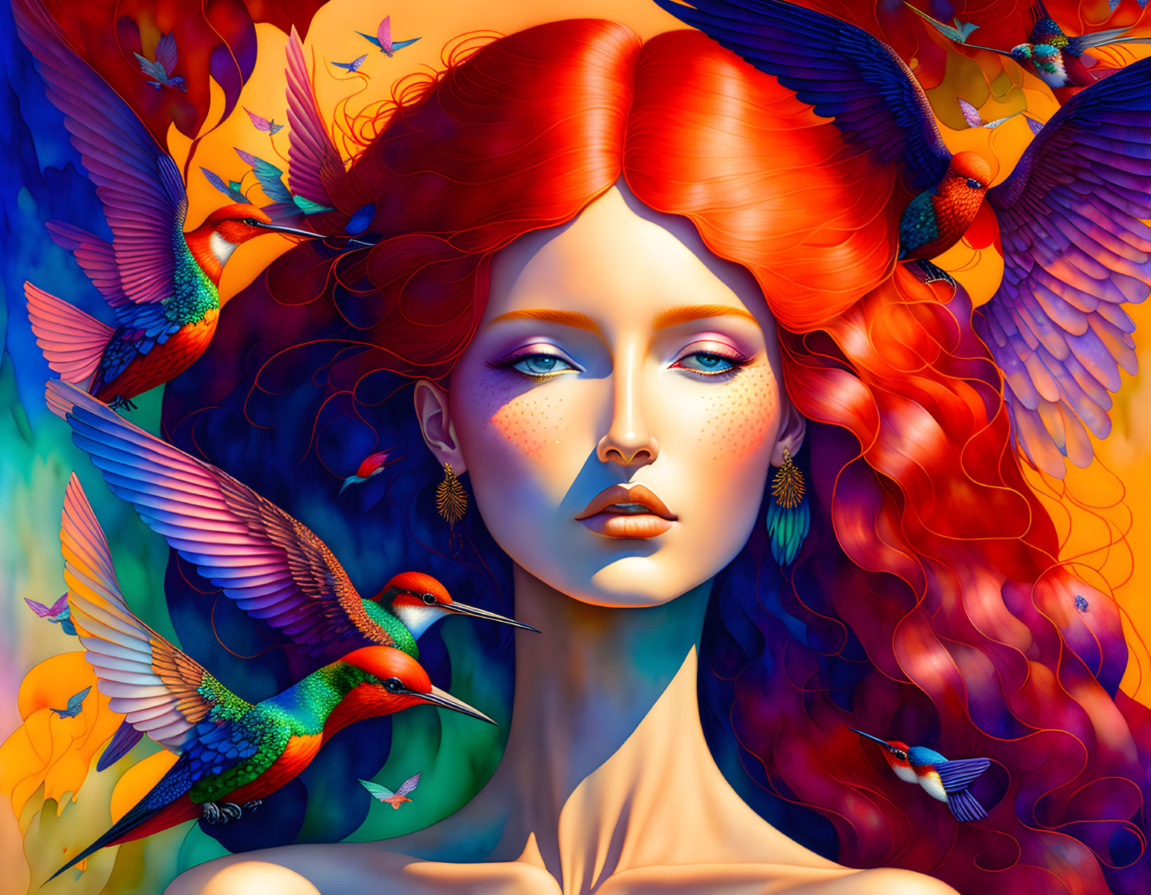 Colorful portrait of woman with red hair and hummingbirds on warm-toned background