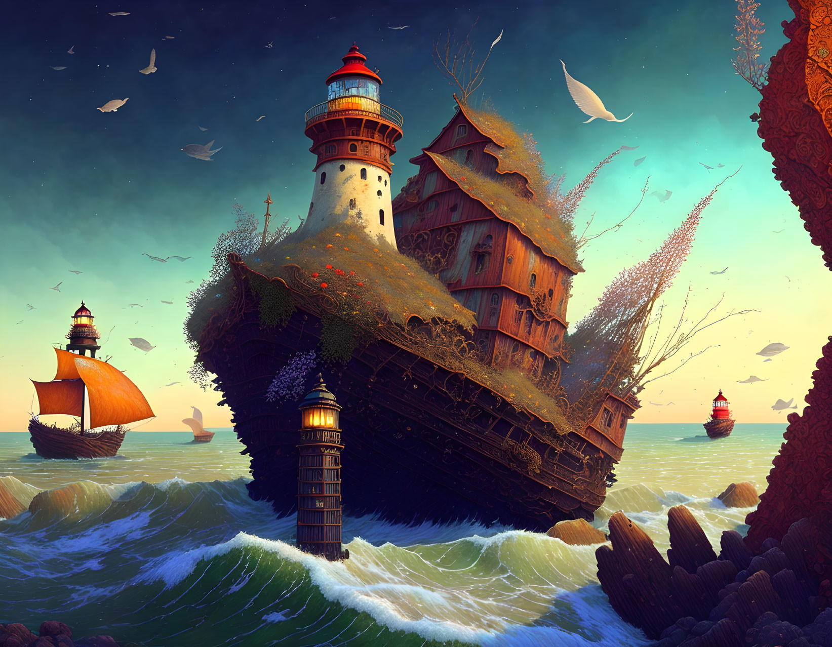 Surreal artwork: ship turned house with lighthouse sailing by coastal cliffs