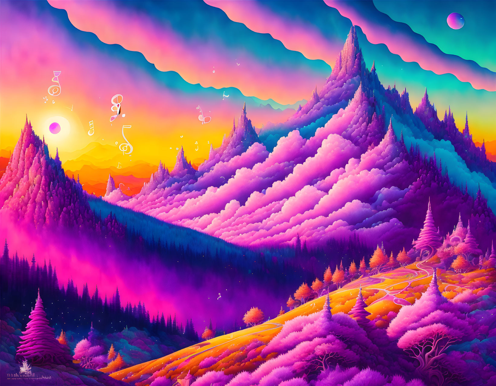 Colorful surreal landscape with stylized mountains and trees.