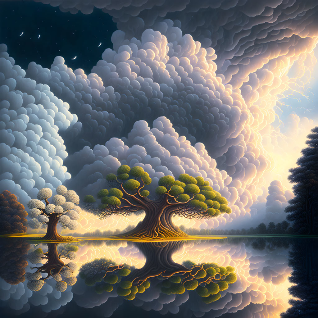 Surreal landscape with large tree-like forms under stormy sky