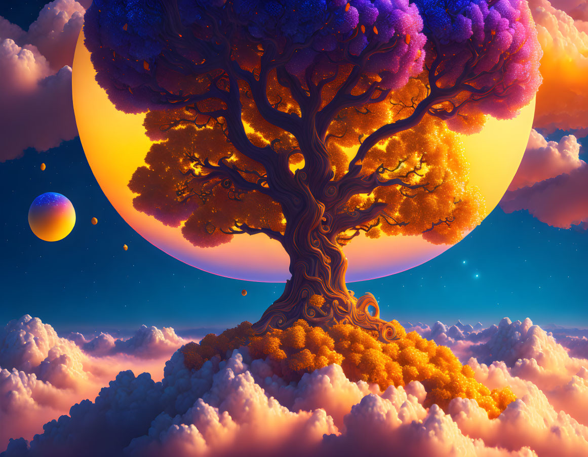 Colorful fantasy landscape with giant tree, sun, clouds, and planet