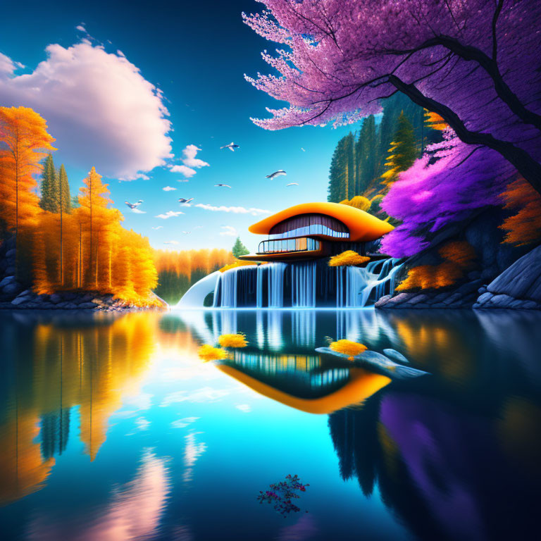 Colorful Landscape with Waterfall, Futuristic Building, Autumn Trees, and Serene Lake