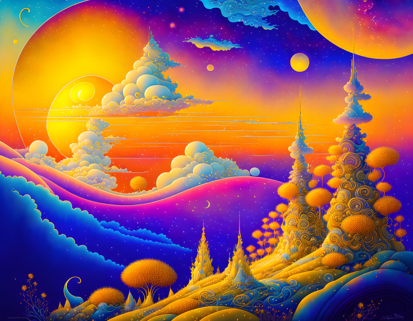 Colorful Fantasy Landscape with Whimsical Trees and Celestial Sky