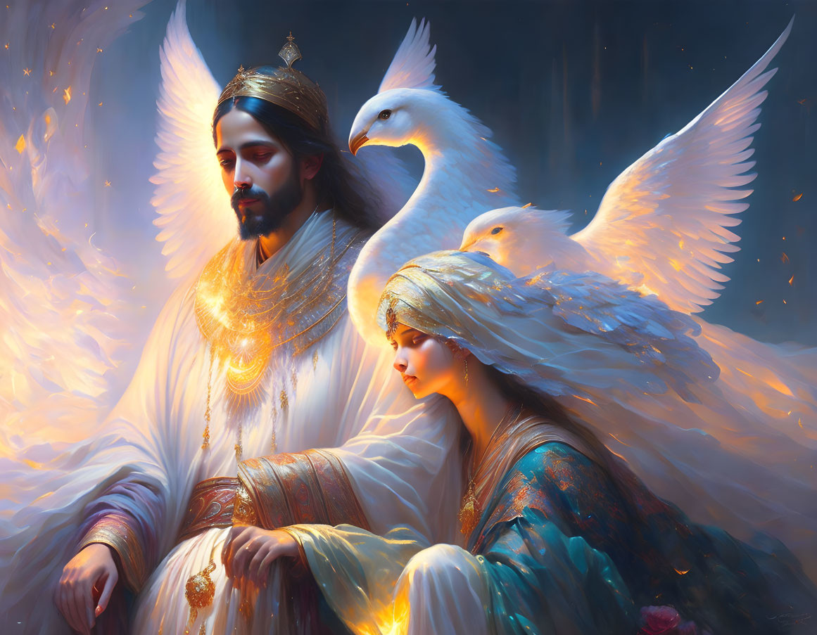 Illustration of man and woman with white wings in golden glow