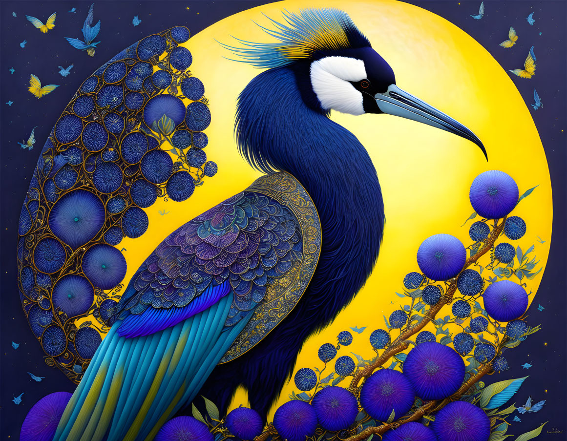 Detailed blue bird illustration with intricate feather patterns against golden moon and floral navy blue background