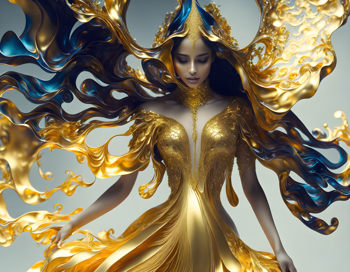 Digital artwork: Woman in gold dress with liquid gold and blue accents