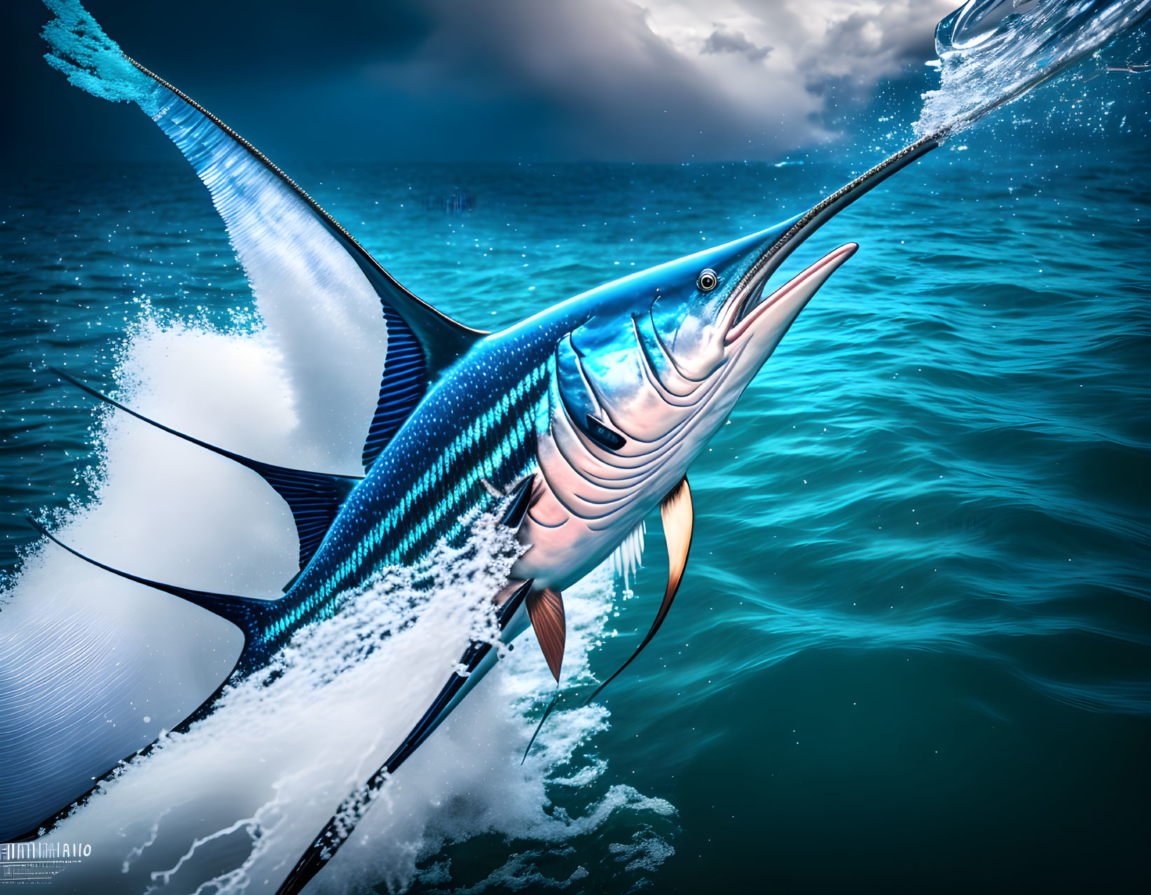 Blue marlin leaping from ocean against dramatic sky