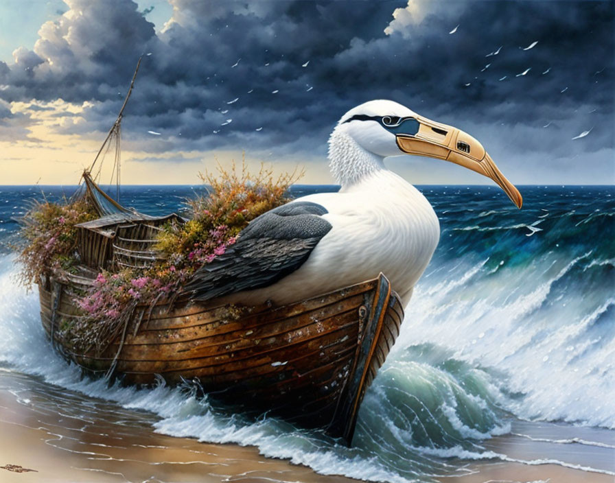 Large pelican on abandoned boat with flowers on stormy beach