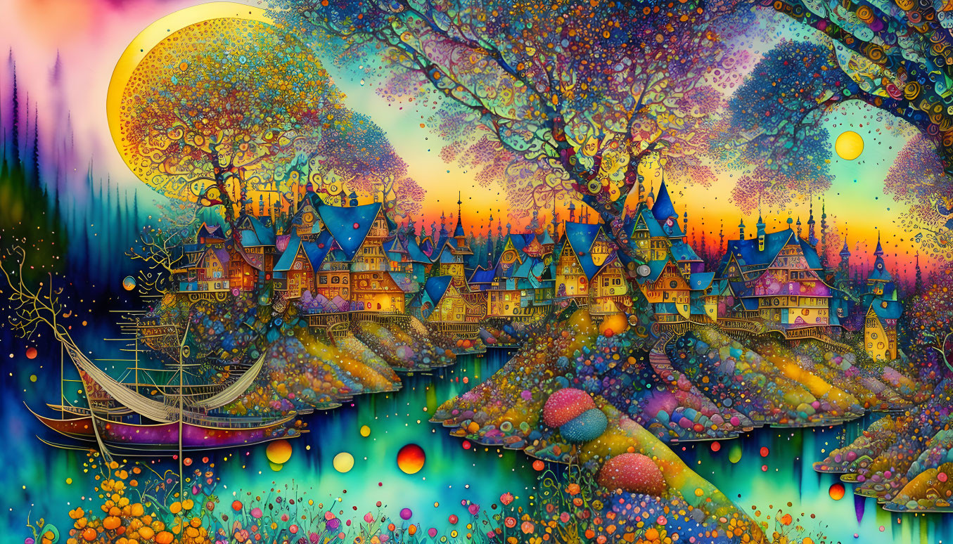 Colorful Village Landscape with Moon, Trees, and Glowing Orbs