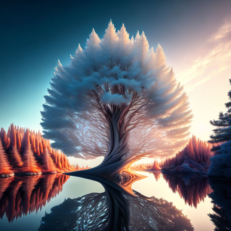 Surreal tree with circular canopy reflected in serene water at sunset or sunrise