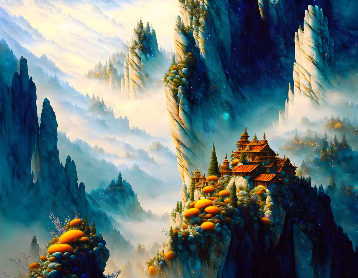 Majestic cliffs and temple in misty forest scenery