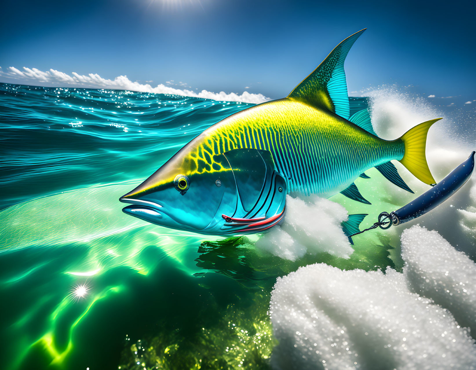 Colorful fish with hook swimming in clear ocean water.